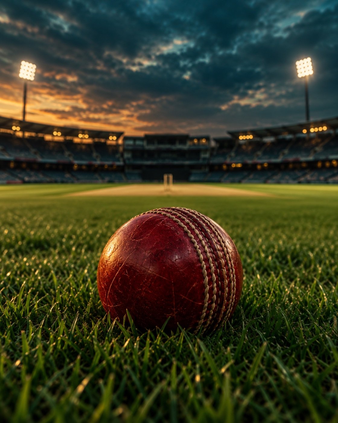 A red cricket ball on the grass of a floodlit cricket ground at dusk
